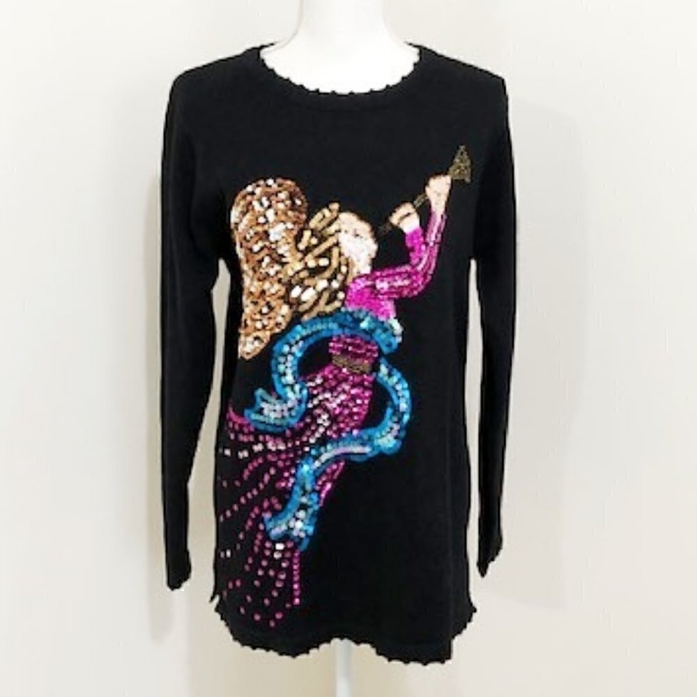 quacker Factory Black Sequin Christmas Angel Holiday Pullover Sweater